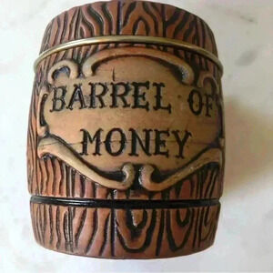 Vintage 70s rustic  barrel of money coin bank. Ceramic with metal band